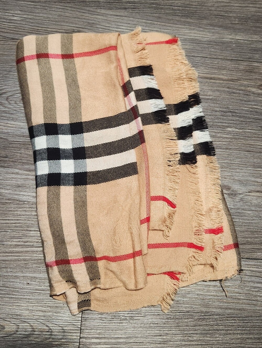 Burberry Beige Plaid Fringed Throw